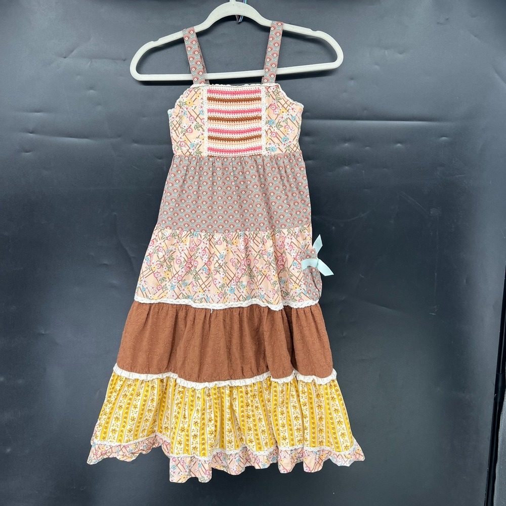 Matilda Jane tiered brown yellow pink patchwork jumper dress sundress boho fall